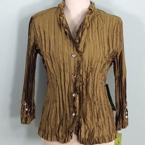 Agora Bronze Crepe Ruffle Collar Top w/Rhinestones
